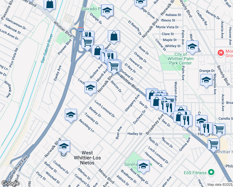 map of restaurants, bars, coffee shops, grocery stores, and more near 11008 Rincon Drive in Whittier