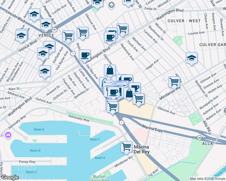 map of restaurants, bars, coffee shops, grocery stores, and more near 4210 Del Rey Avenue in Marina del Rey