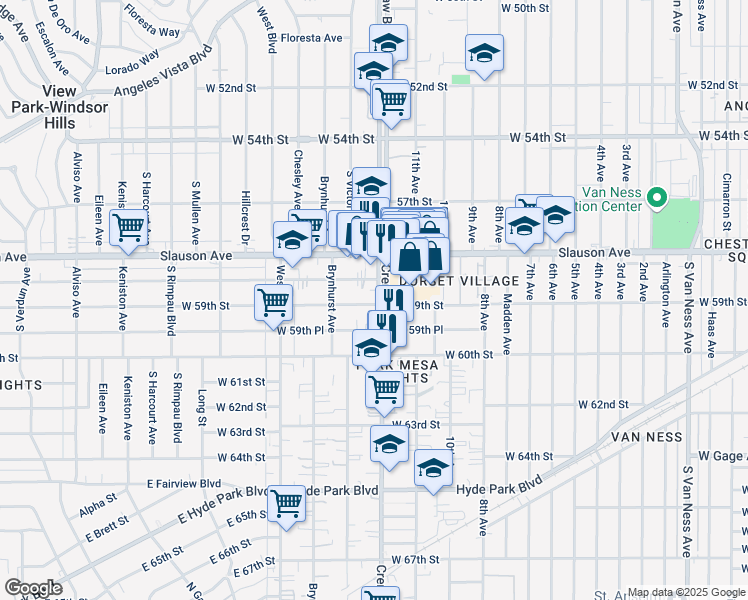 map of restaurants, bars, coffee shops, grocery stores, and more near 5900 Crenshaw Boulevard in Los Angeles