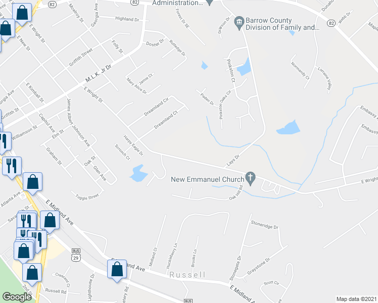map of restaurants, bars, coffee shops, grocery stores, and more near 240 East Wright Street in Winder