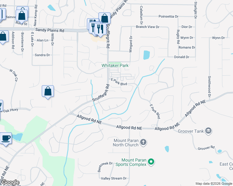 map of restaurants, bars, coffee shops, grocery stores, and more near 1750 Blakeney Lane in Marietta