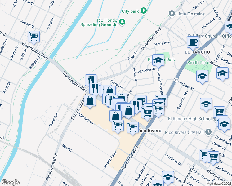 map of restaurants, bars, coffee shops, grocery stores, and more near 6633 Bollenbacher Drive in Pico Rivera