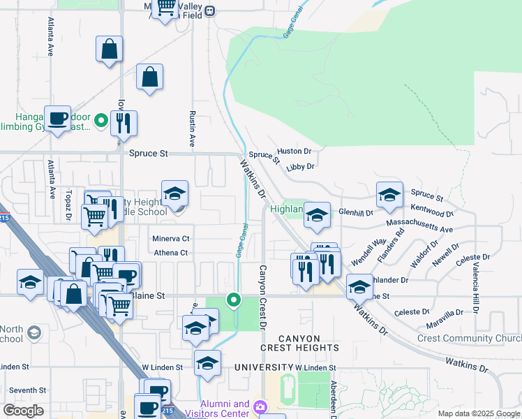 map of restaurants, bars, coffee shops, grocery stores, and more near 2891 Canyon Crest Drive in Riverside