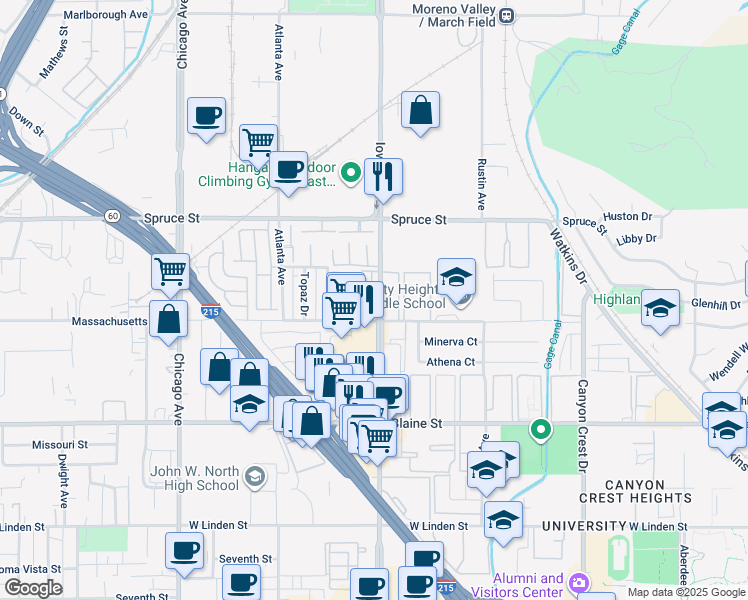 map of restaurants, bars, coffee shops, grocery stores, and more near 1311 Massachusetts Avenue in Riverside