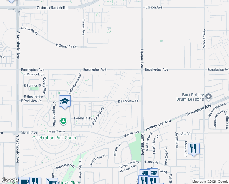 map of restaurants, bars, coffee shops, grocery stores, and more near 10333 Eucalyptus Avenue in Ontario