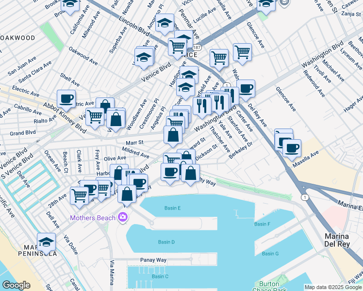 map of restaurants, bars, coffee shops, grocery stores, and more near 740 Washington Boulevard in Marina del Rey