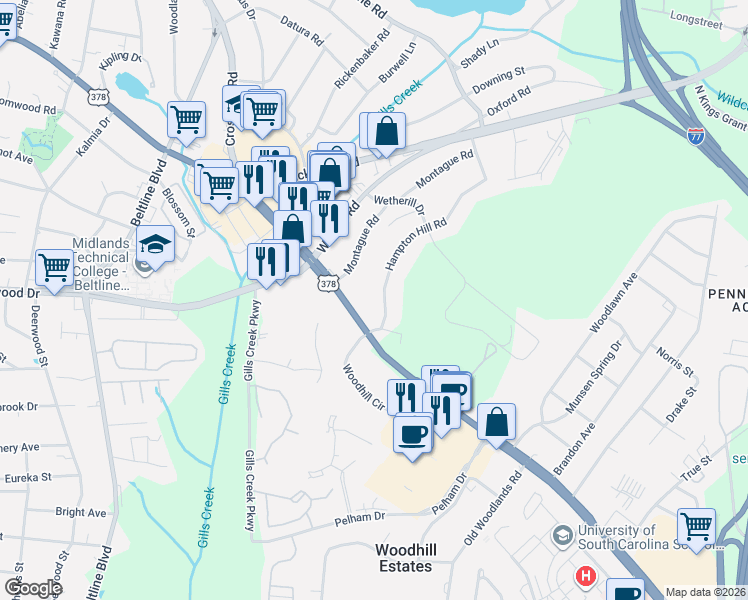map of restaurants, bars, coffee shops, grocery stores, and more near 714 Hampton Hill Road in Columbia