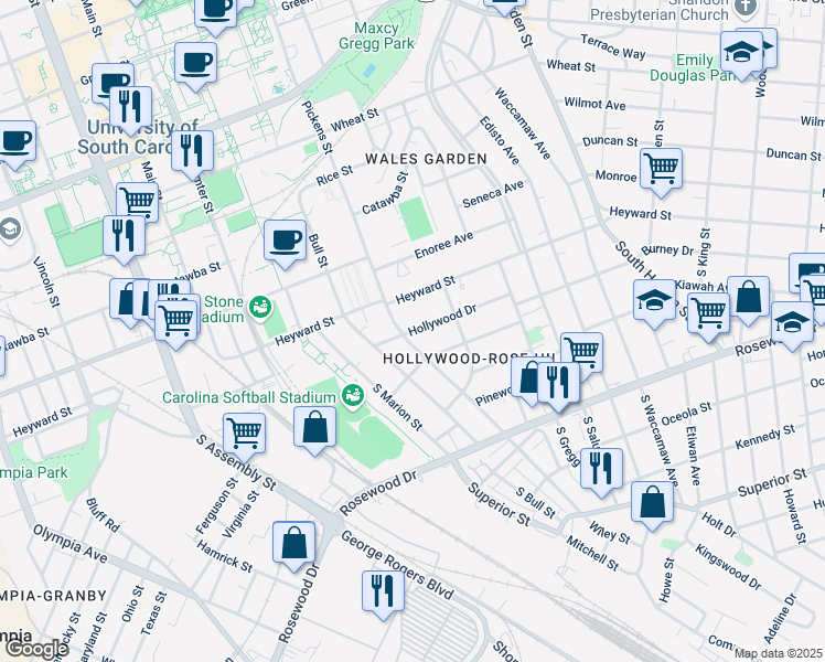 map of restaurants, bars, coffee shops, grocery stores, and more near 137 South Pickens Street in Columbia