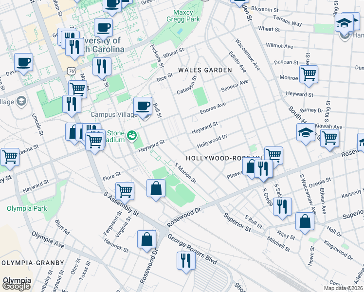 map of restaurants, bars, coffee shops, grocery stores, and more near 1501 Hollywood Drive in Columbia