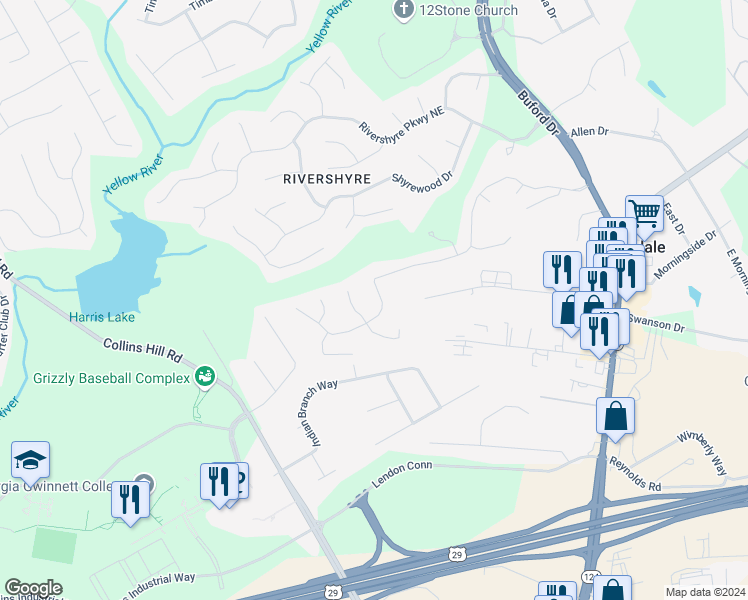 map of restaurants, bars, coffee shops, grocery stores, and more near 1089 Pennsylvania Run in Lawrenceville