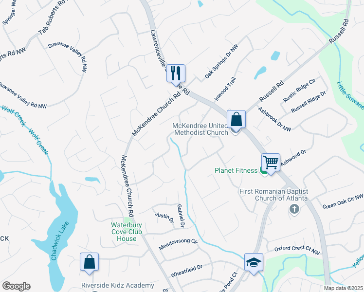 map of restaurants, bars, coffee shops, grocery stores, and more near 731 Brighton Drive Northwest in Lawrenceville