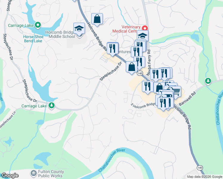 map of restaurants, bars, coffee shops, grocery stores, and more near 8475 Edwardton Drive in Roswell