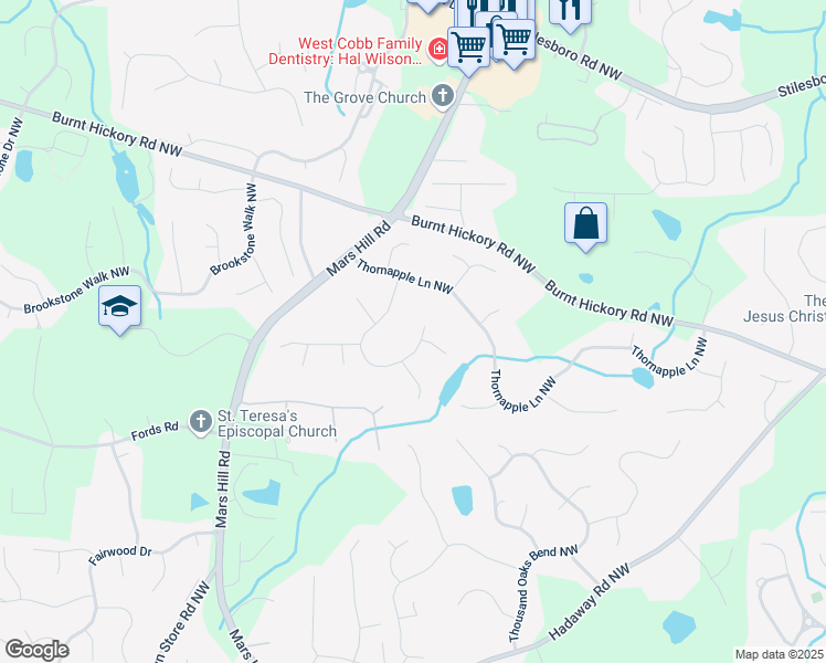 map of restaurants, bars, coffee shops, grocery stores, and more near 1358 Peppergrass Trail Northwest in Acworth