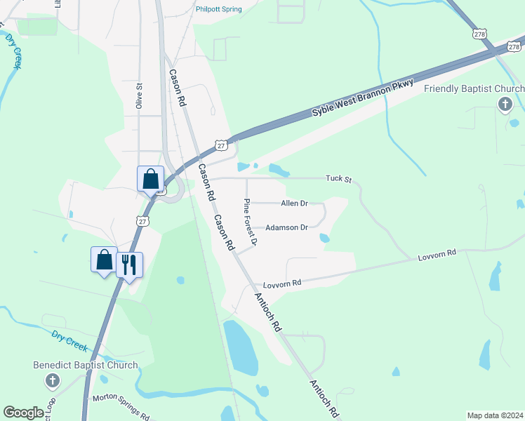 map of restaurants, bars, coffee shops, grocery stores, and more near 53 Adamson Drive in Cedartown