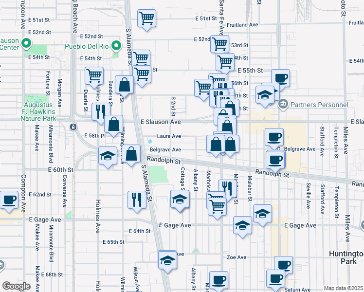 map of restaurants, bars, coffee shops, grocery stores, and more near 2055 Randolph Street in Huntington Park