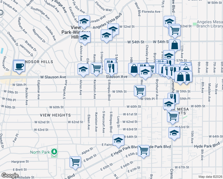 map of restaurants, bars, coffee shops, grocery stores, and more near 3749 West 59th Street in Los Angeles