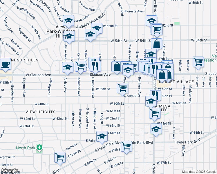 map of restaurants, bars, coffee shops, grocery stores, and more near 3702 West 59th Street in Los Angeles