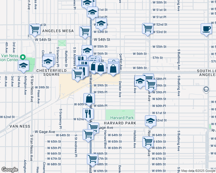 map of restaurants, bars, coffee shops, grocery stores, and more near 1648 West 59th Street in Los Angeles