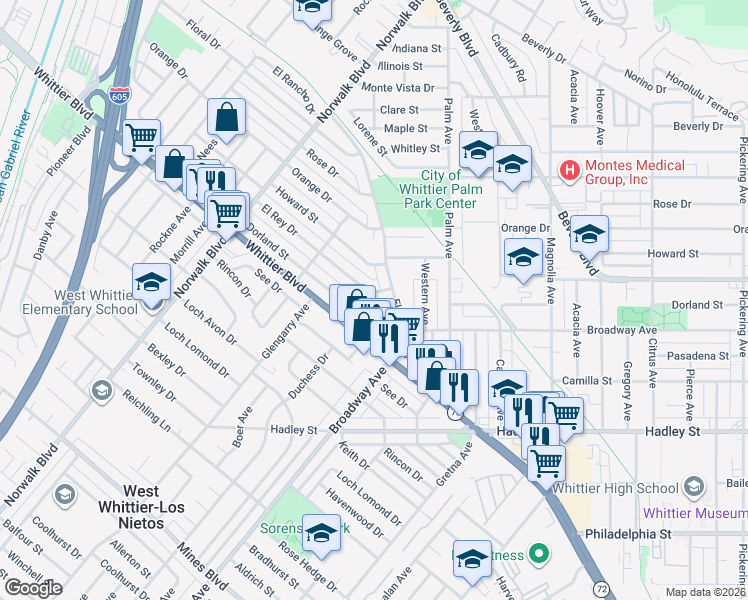 map of restaurants, bars, coffee shops, grocery stores, and more near 11232 El Rey Drive in Whittier