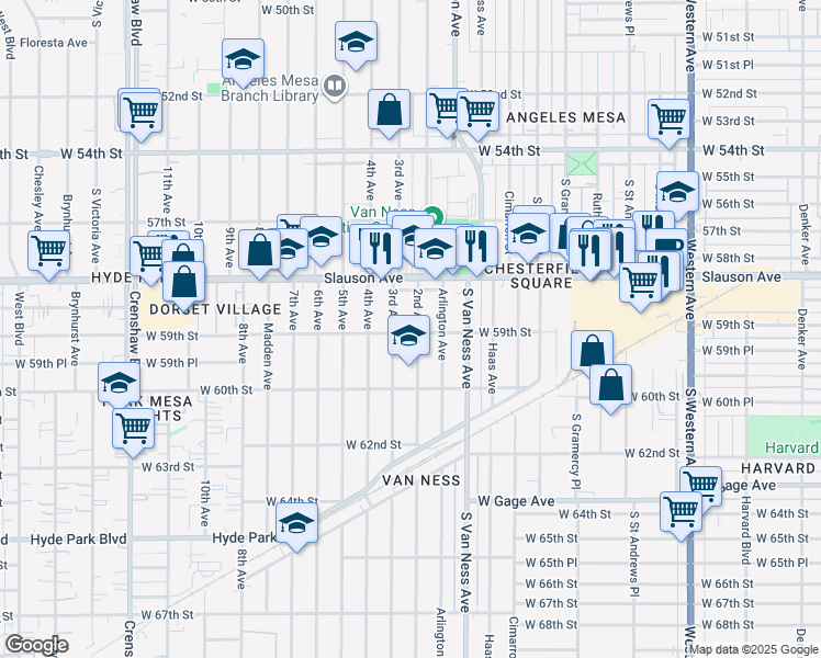 map of restaurants, bars, coffee shops, grocery stores, and more near 2409 West 59th Street in Los Angeles