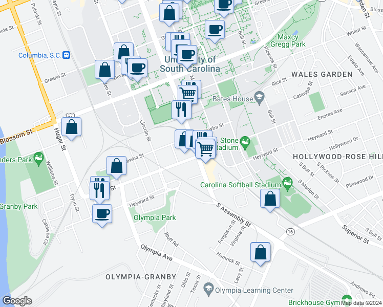 map of restaurants, bars, coffee shops, grocery stores, and more near 201 Assembly Street in Columbia