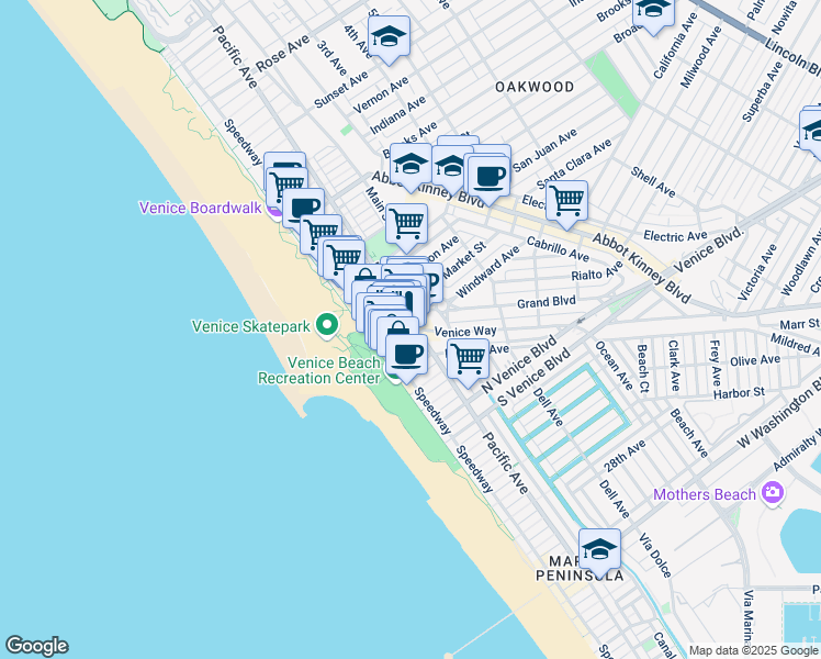 map of restaurants, bars, coffee shops, grocery stores, and more near 20 Windward Avenue in Los Angeles