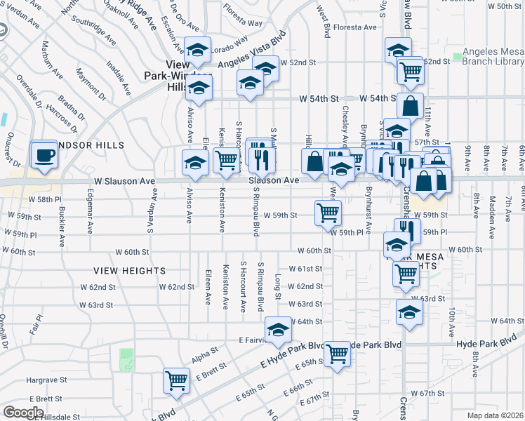 map of restaurants, bars, coffee shops, grocery stores, and more near 3749 West 59th Street in Los Angeles