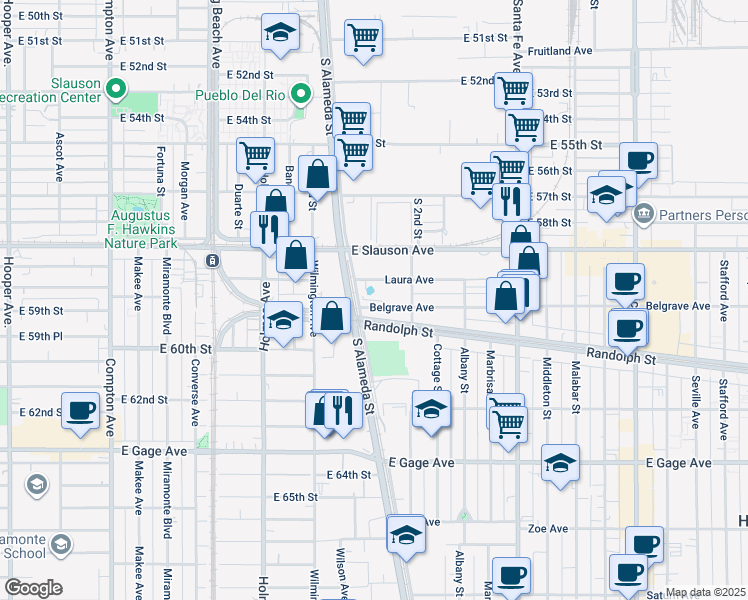 map of restaurants, bars, coffee shops, grocery stores, and more near 1978 Belgrave Avenue in Huntington Park