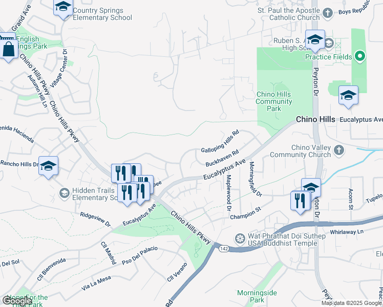 map of restaurants, bars, coffee shops, grocery stores, and more near 2831 Galloping Hills Road in Chino Hills