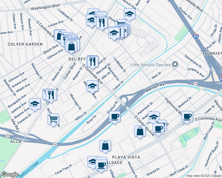 map of restaurants, bars, coffee shops, grocery stores, and more near 4978 South Centinela Avenue in Los Angeles