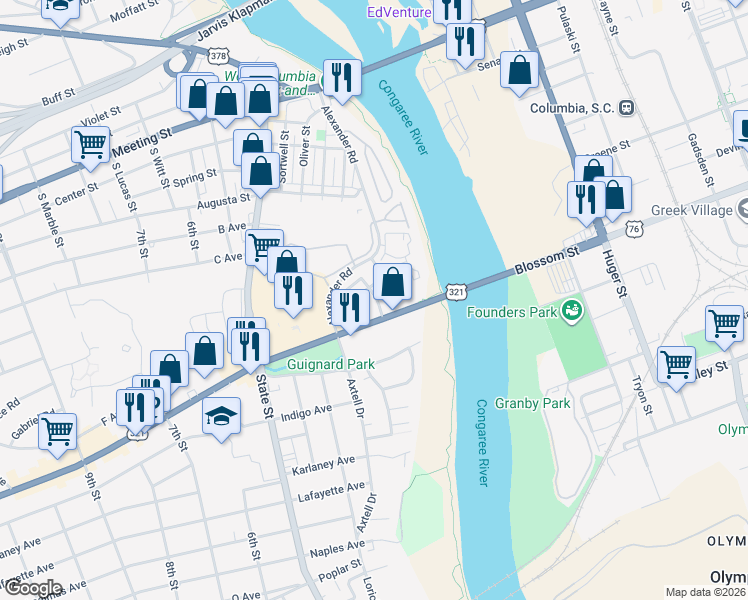 map of restaurants, bars, coffee shops, grocery stores, and more near 111 Brickworks Drive in Cayce