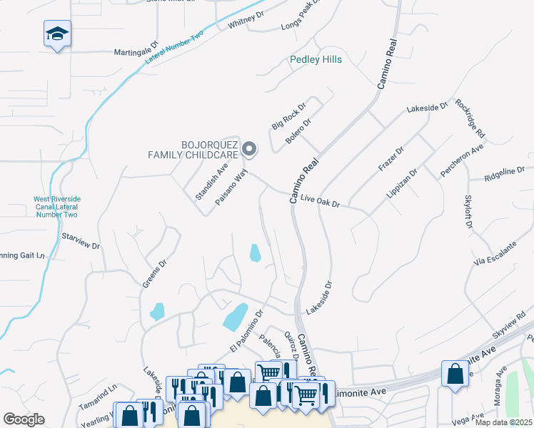 map of restaurants, bars, coffee shops, grocery stores, and more near 5542 El Palomino Drive in Riverside