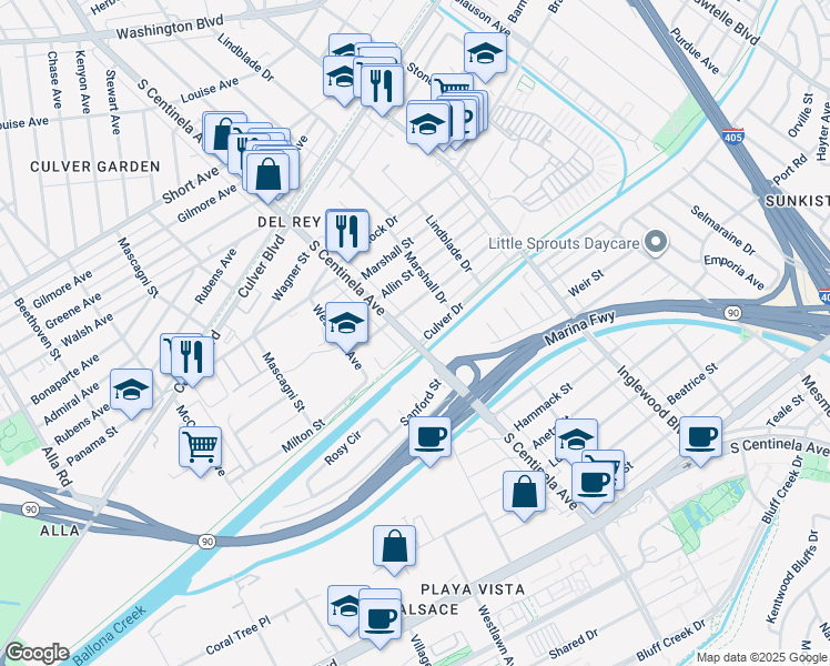 map of restaurants, bars, coffee shops, grocery stores, and more near 4978 South Centinela Avenue in Los Angeles