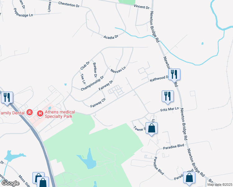 map of restaurants, bars, coffee shops, grocery stores, and more near 500 Kathwood Drive in Athens