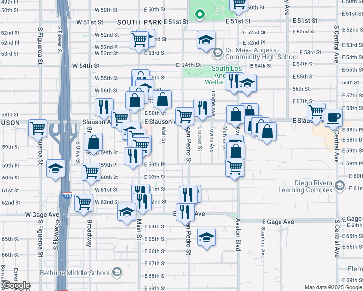 map of restaurants, bars, coffee shops, grocery stores, and more near 5916 South Los Angeles Street in Los Angeles