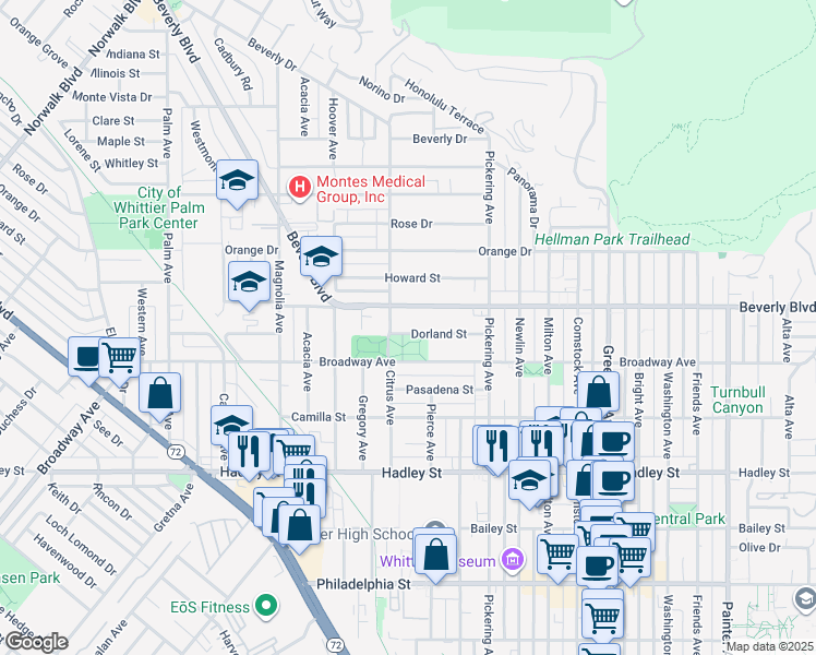 map of restaurants, bars, coffee shops, grocery stores, and more near 12321 Dorland Street in Whittier