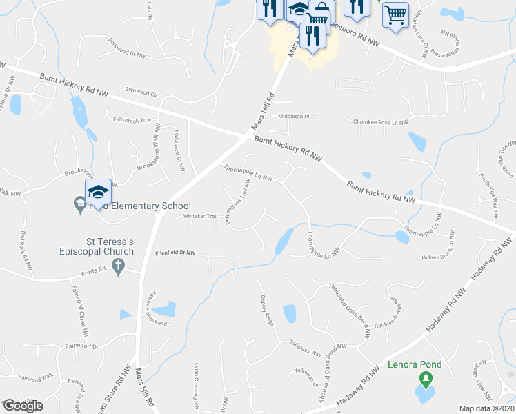 map of restaurants, bars, coffee shops, grocery stores, and more near 1358 Peppergrass Trail Northwest in Acworth