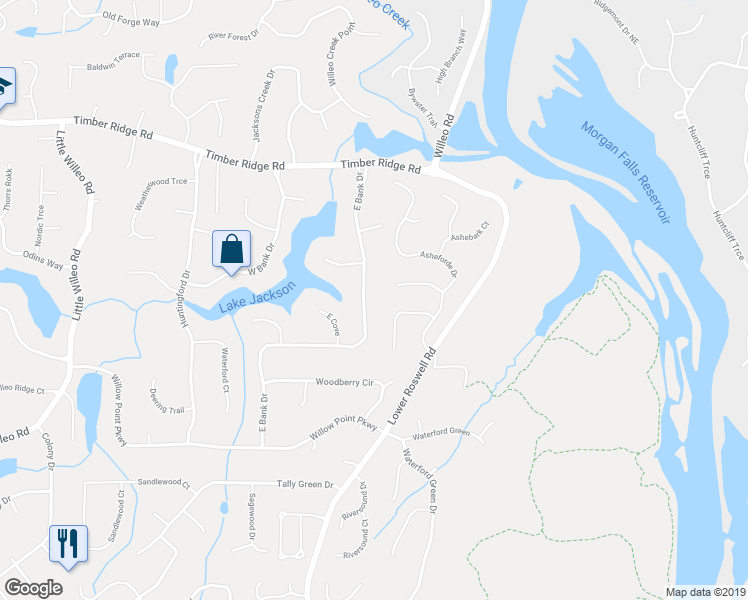 map of restaurants, bars, coffee shops, grocery stores, and more near 1582 East Bank Drive in Marietta