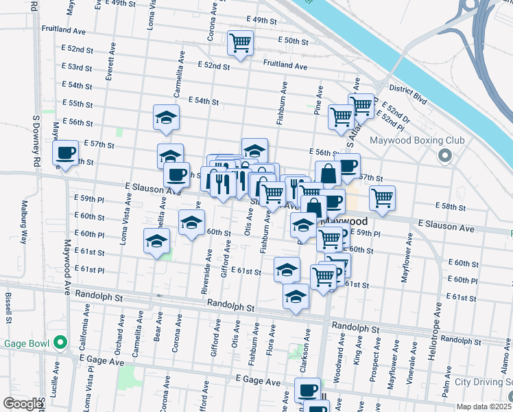 map of restaurants, bars, coffee shops, grocery stores, and more near 5922 Otis Avenue in Huntington Park