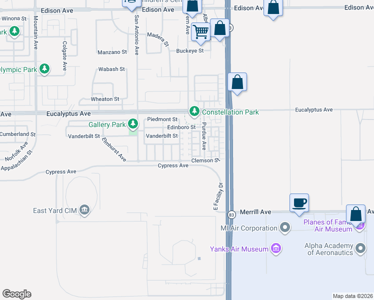 map of restaurants, bars, coffee shops, grocery stores, and more near 14594 Manchester Avenue in Chino