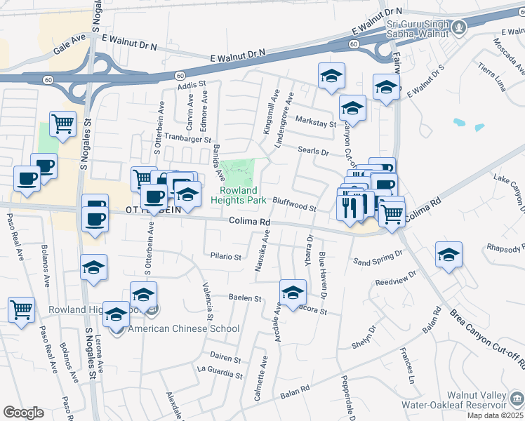 map of restaurants, bars, coffee shops, grocery stores, and more near 1634 Nausika Avenue in Rowland Heights
