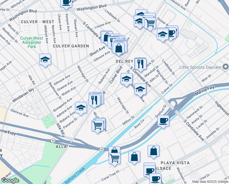 map of restaurants, bars, coffee shops, grocery stores, and more near 12530 Braddock Drive in Los Angeles