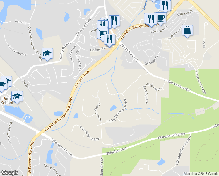 map of restaurants, bars, coffee shops, grocery stores, and more near 1401 Valley Reserve Drive Northwest in Kennesaw