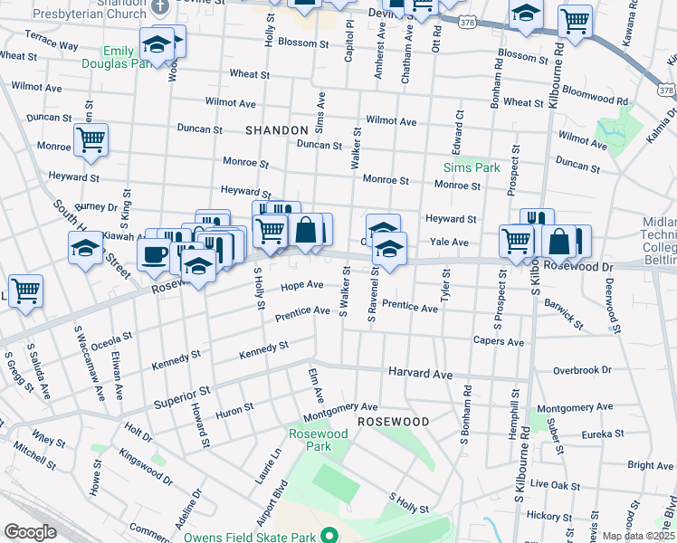 map of restaurants, bars, coffee shops, grocery stores, and more near 3115 Hope Avenue in Columbia