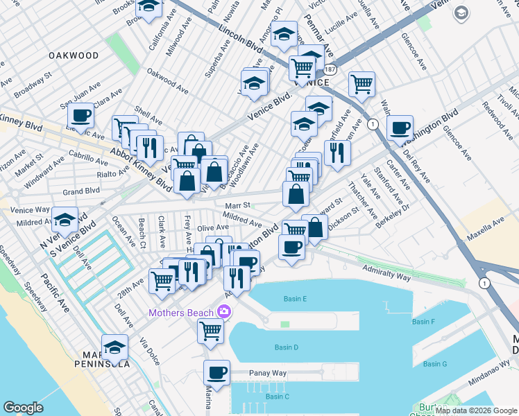 map of restaurants, bars, coffee shops, grocery stores, and more near 664 Marr Street in Los Angeles