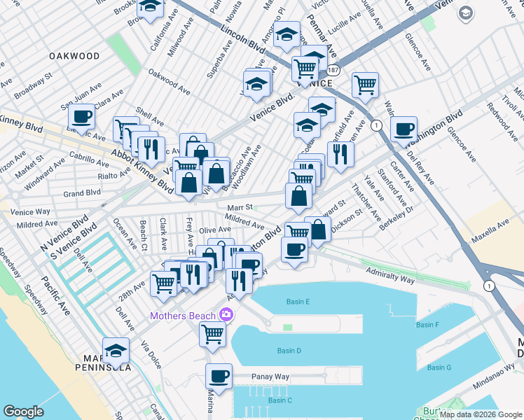 map of restaurants, bars, coffee shops, grocery stores, and more near 664 Marr Street in Los Angeles