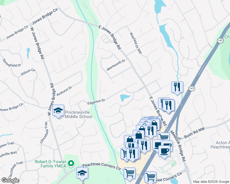 map of restaurants, bars, coffee shops, grocery stores, and more near 5231 Edgerton Drive Northwest in Norcross