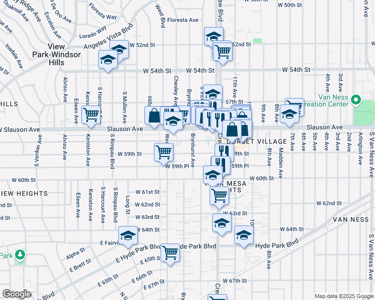 map of restaurants, bars, coffee shops, grocery stores, and more near 3510 West 59th Street in Los Angeles