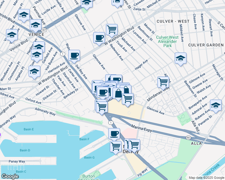 map of restaurants, bars, coffee shops, grocery stores, and more near in Los Angeles