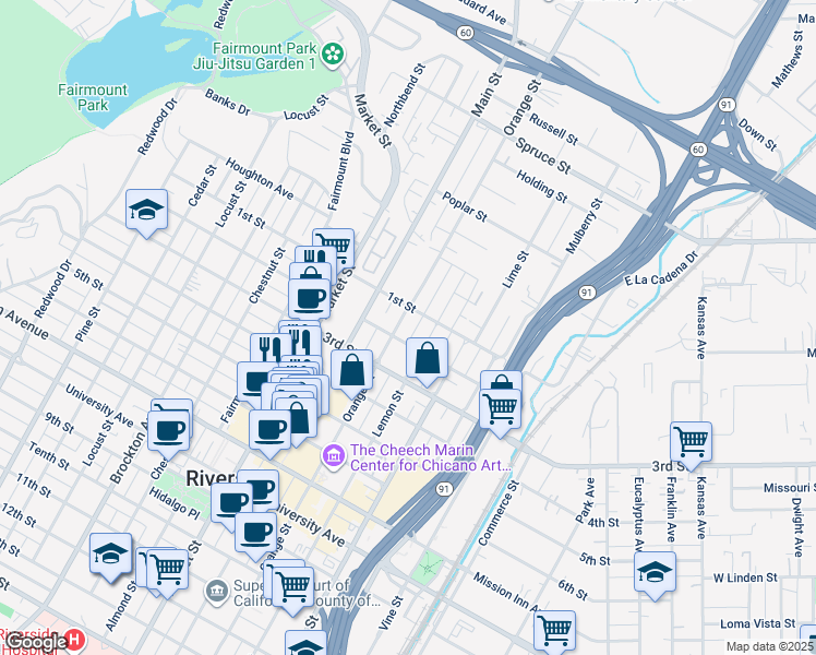 map of restaurants, bars, coffee shops, grocery stores, and more near 3154 Orange Street in Riverside
